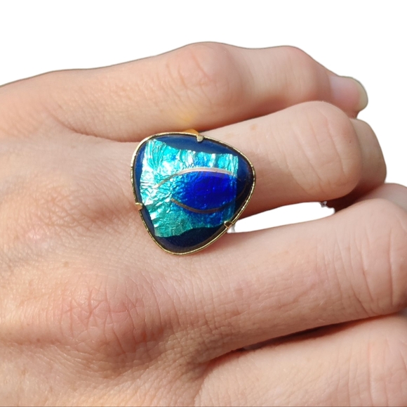Vintage Jewelry - 🦚 Vintage Dichroic Art Glass Peacock Eye Ring